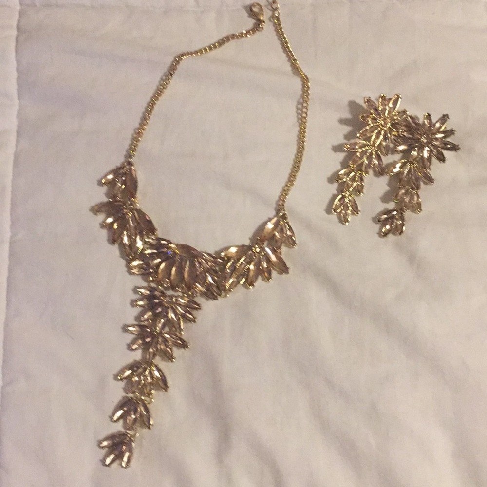 Rose gold tone necklace and earrings.